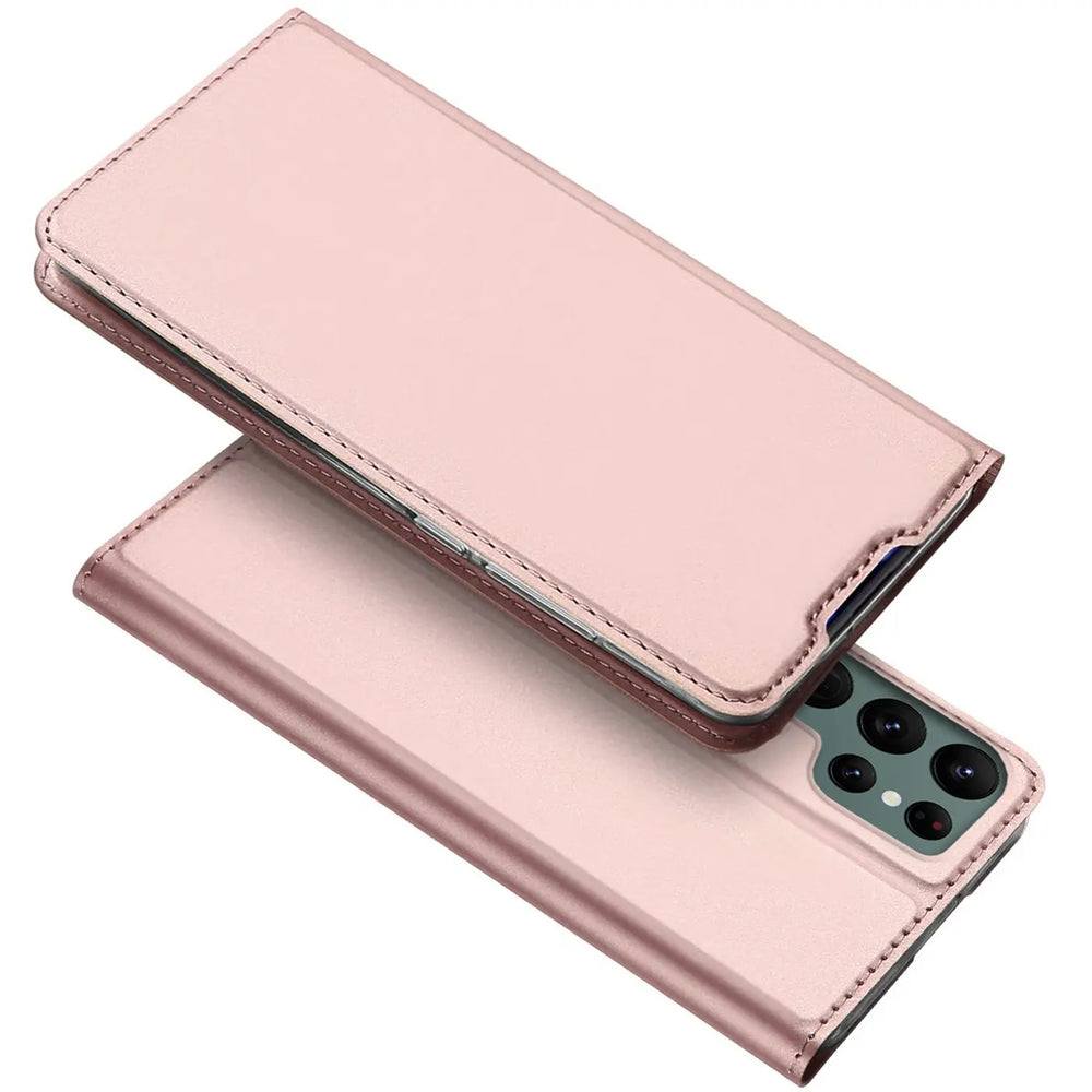 Roségoldene, metallic-glänzende Kunstleder Flip Hülle für Samsung Galaxy S24 Ultra, leicht geöffnet, von oben.