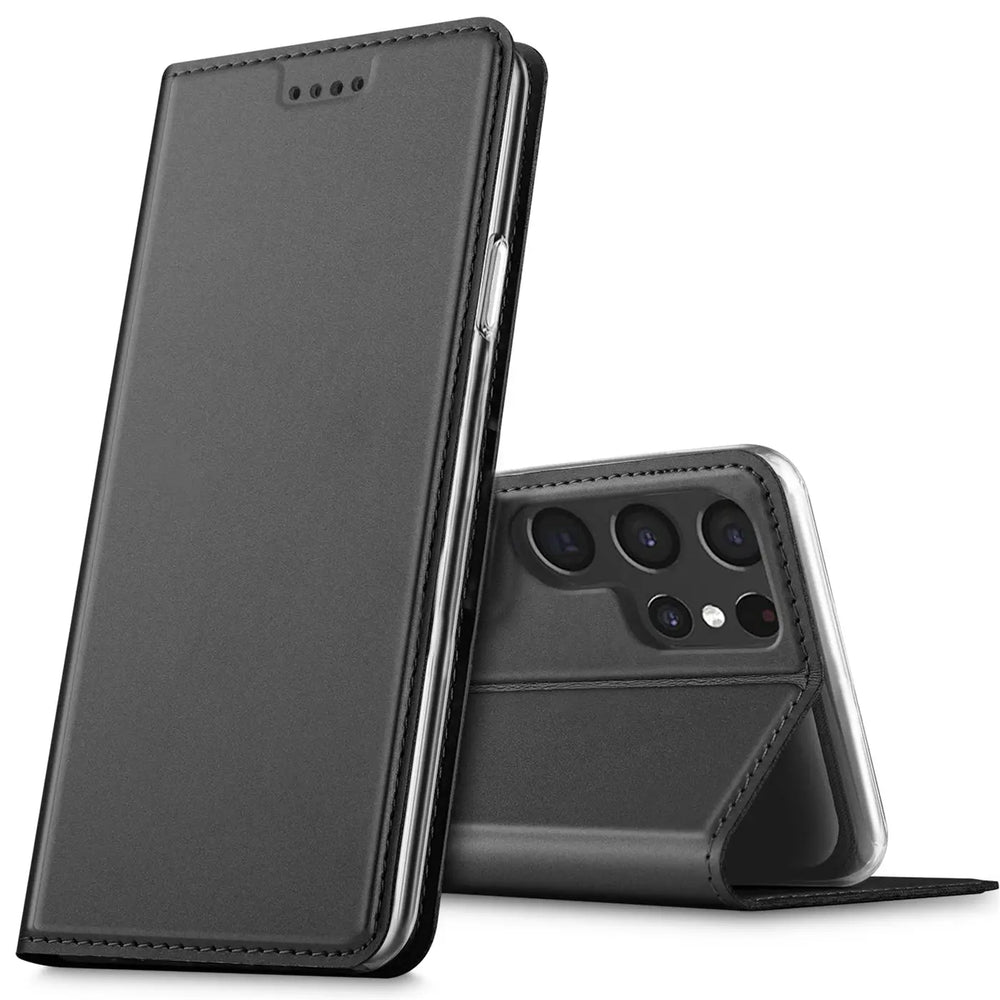 Schwarze, klappbare Kunstlederhülle für Samsung Galaxy S24 Ultra, stehend und liegend als Ständer.