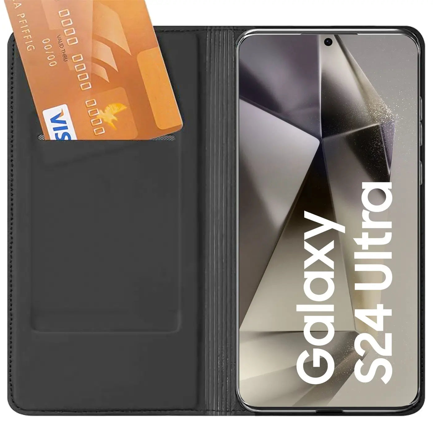 Offene schwarze Kunstleder-Flip-Hülle mit Samsung Galaxy S24 Ultra, Kreditkarte im Fach, von oben.