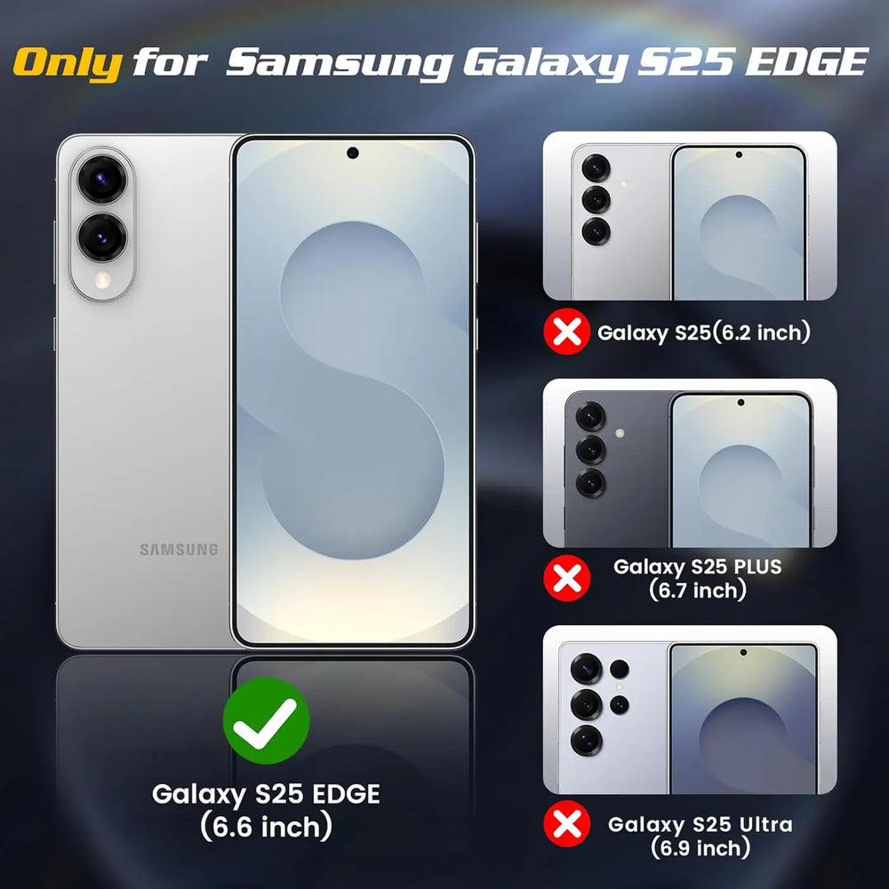 Silbernes Samsung Galaxy S25 Edge (6.6 Zoll) von vorne und hinten, mit Vergleichsbildern.
