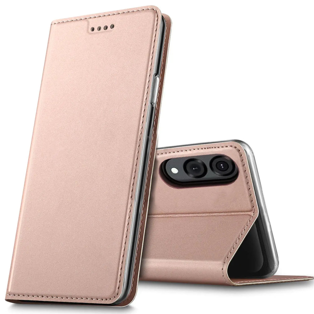 Rosafarbene Klapphülle aus Lederimitat für Samsung Galaxy S25 Edge, von vorne und hinten gezeigt.