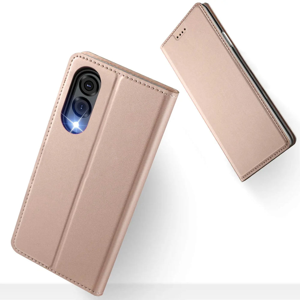 Rosafarbene, metallische Klapphülle aus Kunstleder für Samsung Galaxy S25 Edge, von oben/seitlich
