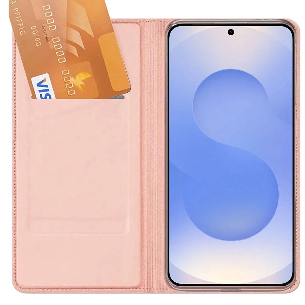 Rosa Leder-Flip-Hülle mit Kartenfach, zeigt Samsung S25 Edge, von vorne