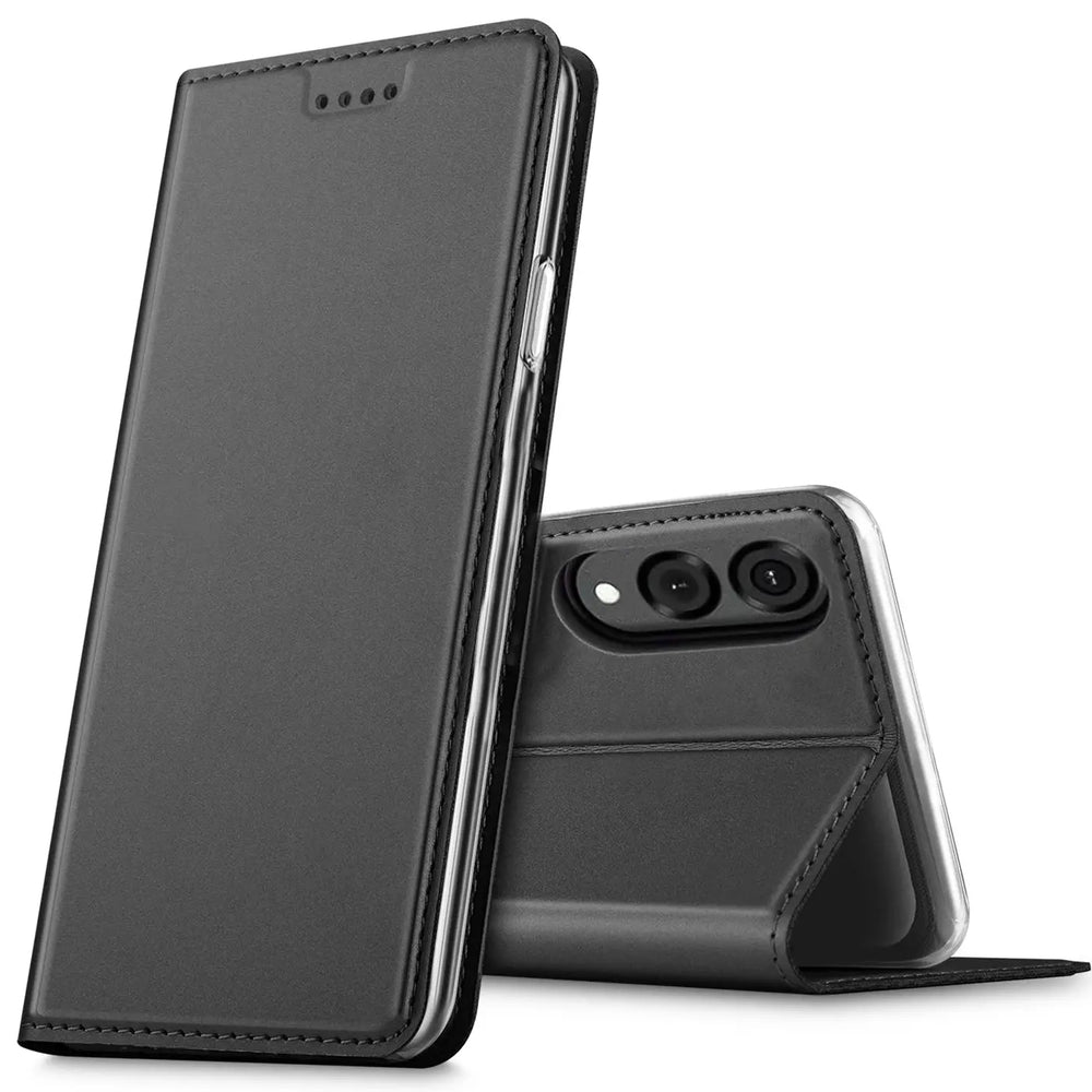 Schwarze Leder-Flip-Hülle, seitliche Ansicht, zeigt Kamera des Samsung Galaxy S25 Edge.