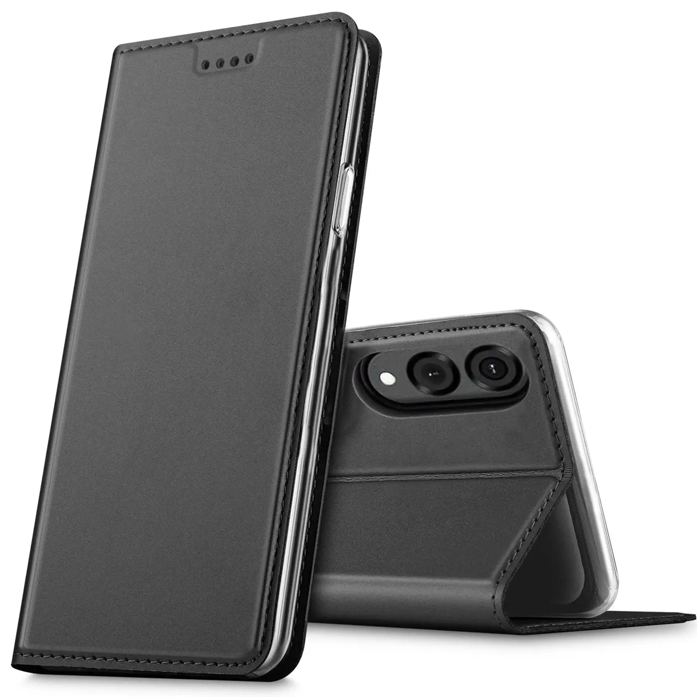 Schwarze Leder-Flip-Hülle, seitliche Ansicht, zeigt Kamera des Samsung Galaxy S25 Edge.