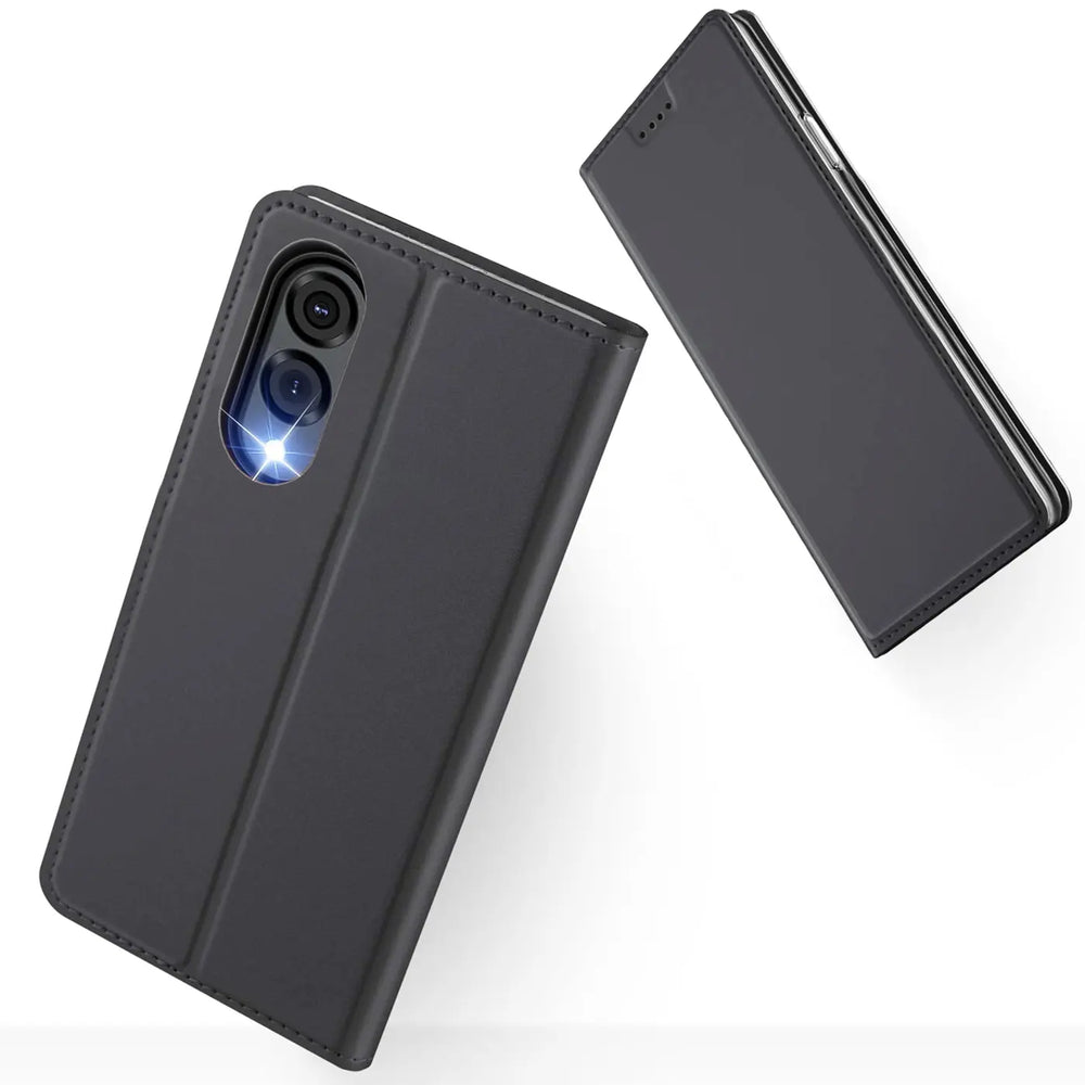 Schwarze Leder-Flip-Hülle für Samsung Galaxy S25 Edge, von oben/seitlich