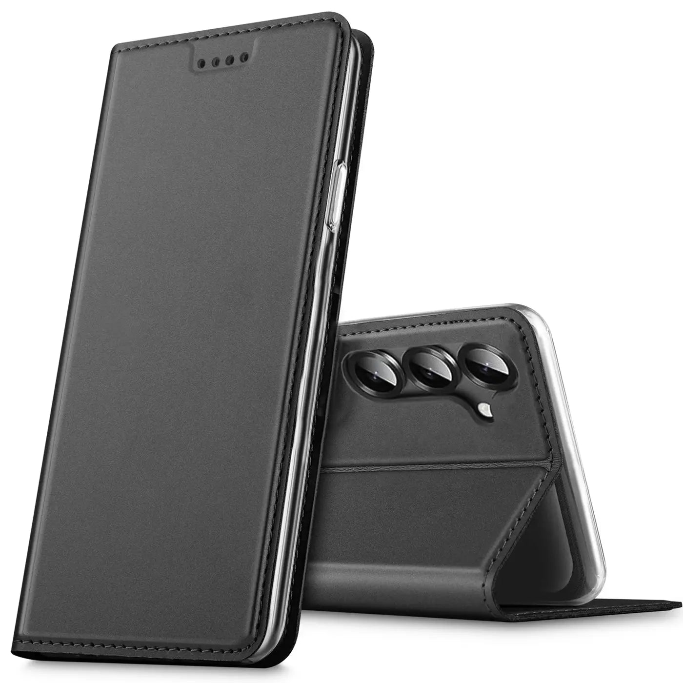 Schwarze Leder-Flip-Hülle, seitliche Ansicht, zeigt Kamera des Samsung S25 FE.