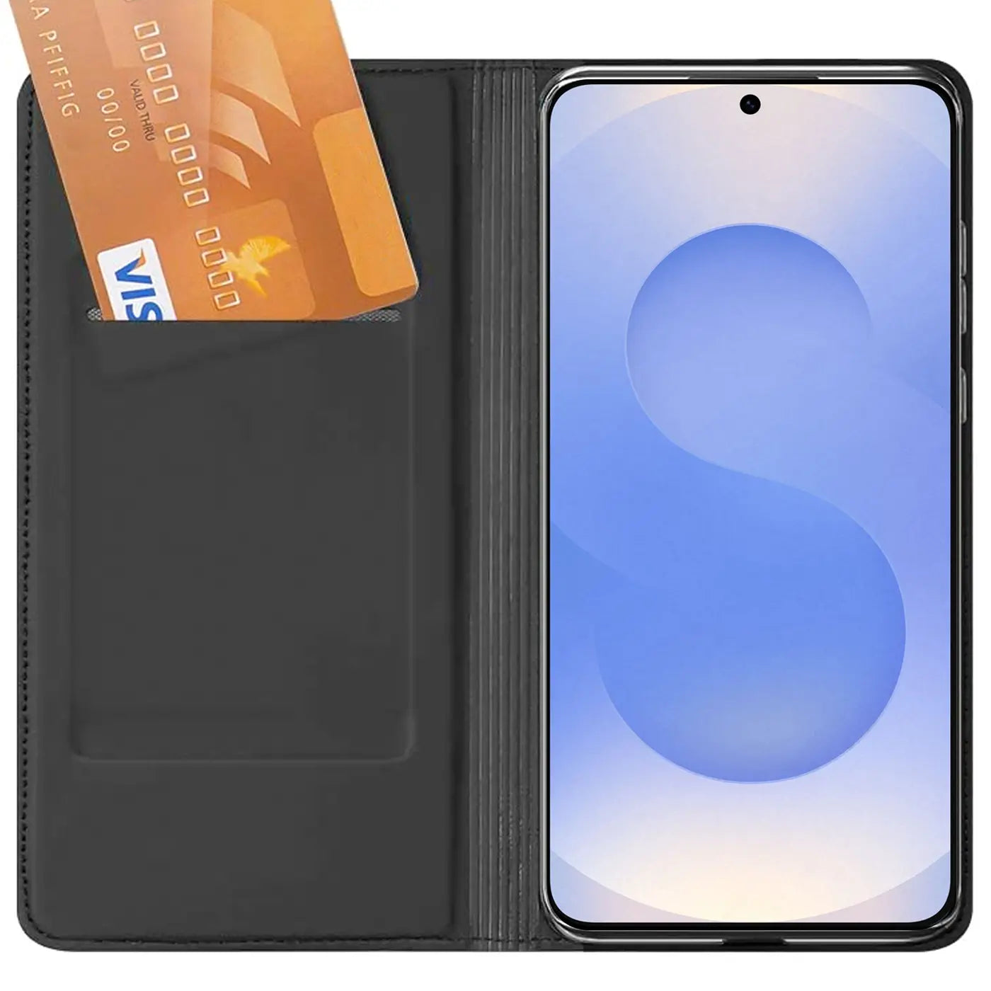 Schwarze Leder-Flip-Hülle mit Kartenfach, zeigt Samsung S25 FE.