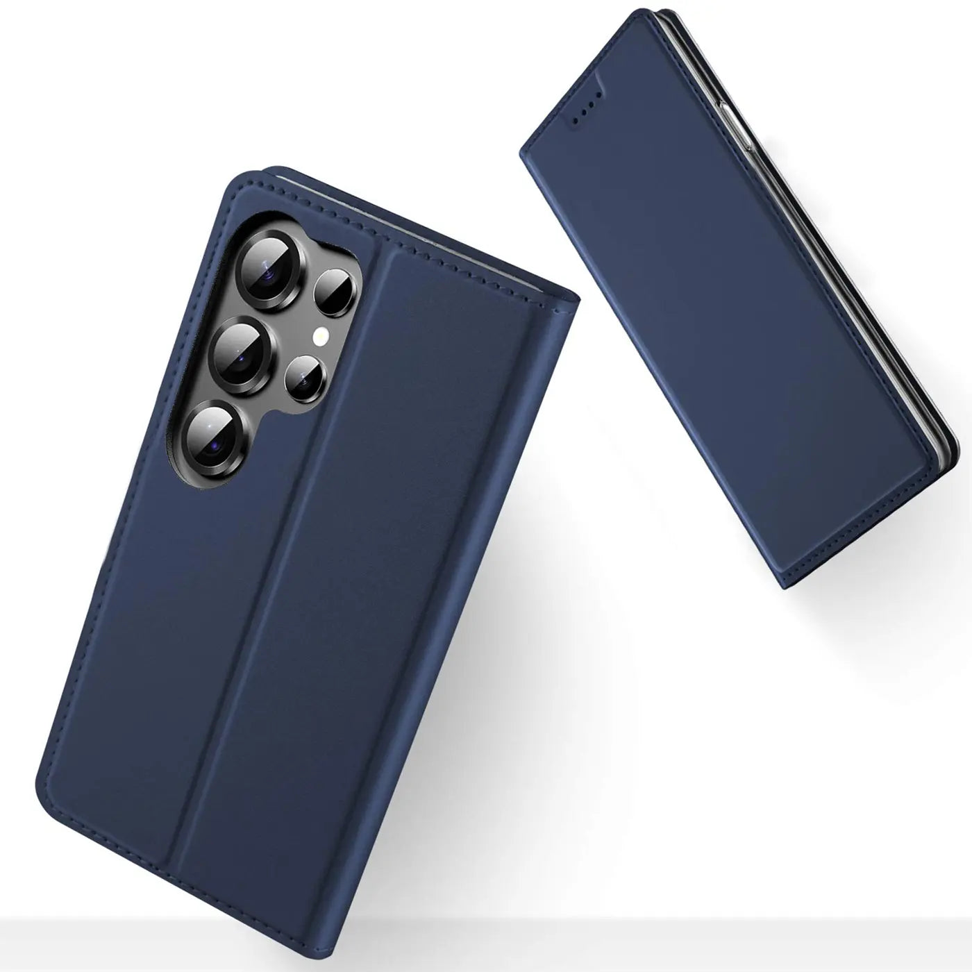 Dunkelblaue Klapphülle aus Kunstleder für Samsung Galaxy S25 Ultra, von vorne gesehen.