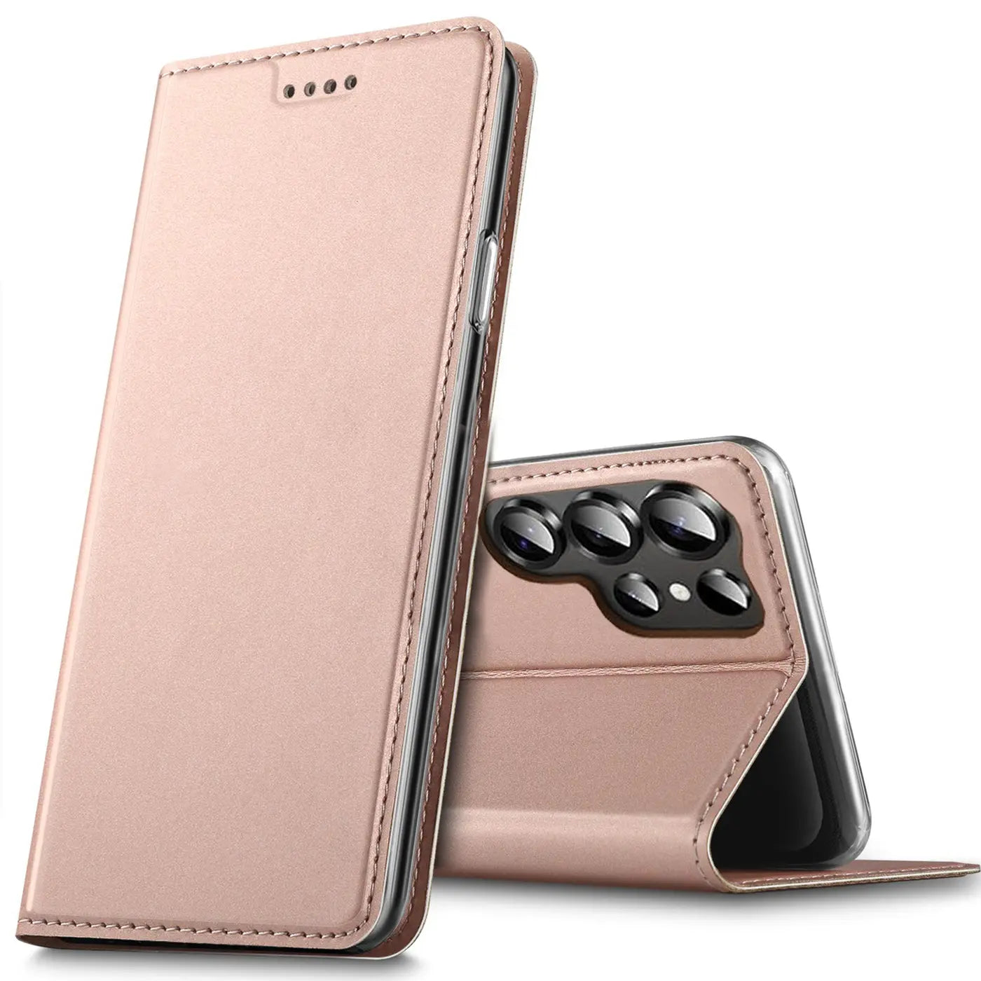 Metallic rosegoldene Klapphülle aus Kunstleder für Samsung S25 Ultra, Vorder- und Rückansicht.