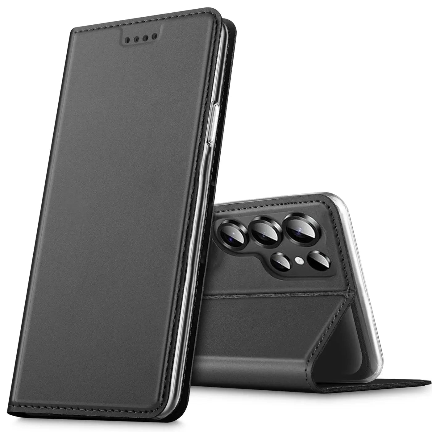 Schwarze Klapphülle aus Leder für Samsung Galaxy S25 Ultra, von vorne und hinten gezeigt.