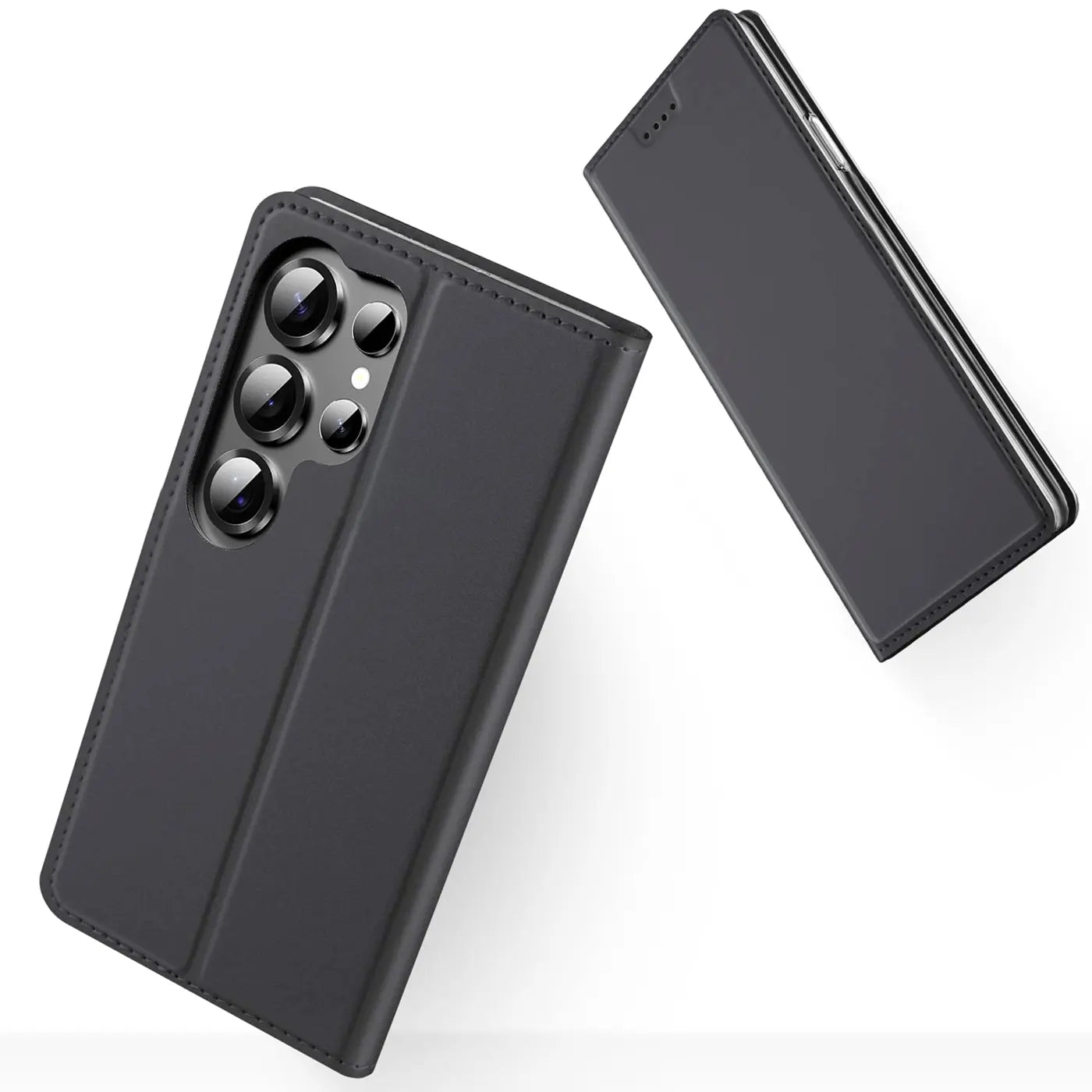 Schwarze Leder-Flip-Hülle für Samsung Galaxy S25 Ultra, von vorne schräg betrachtet.