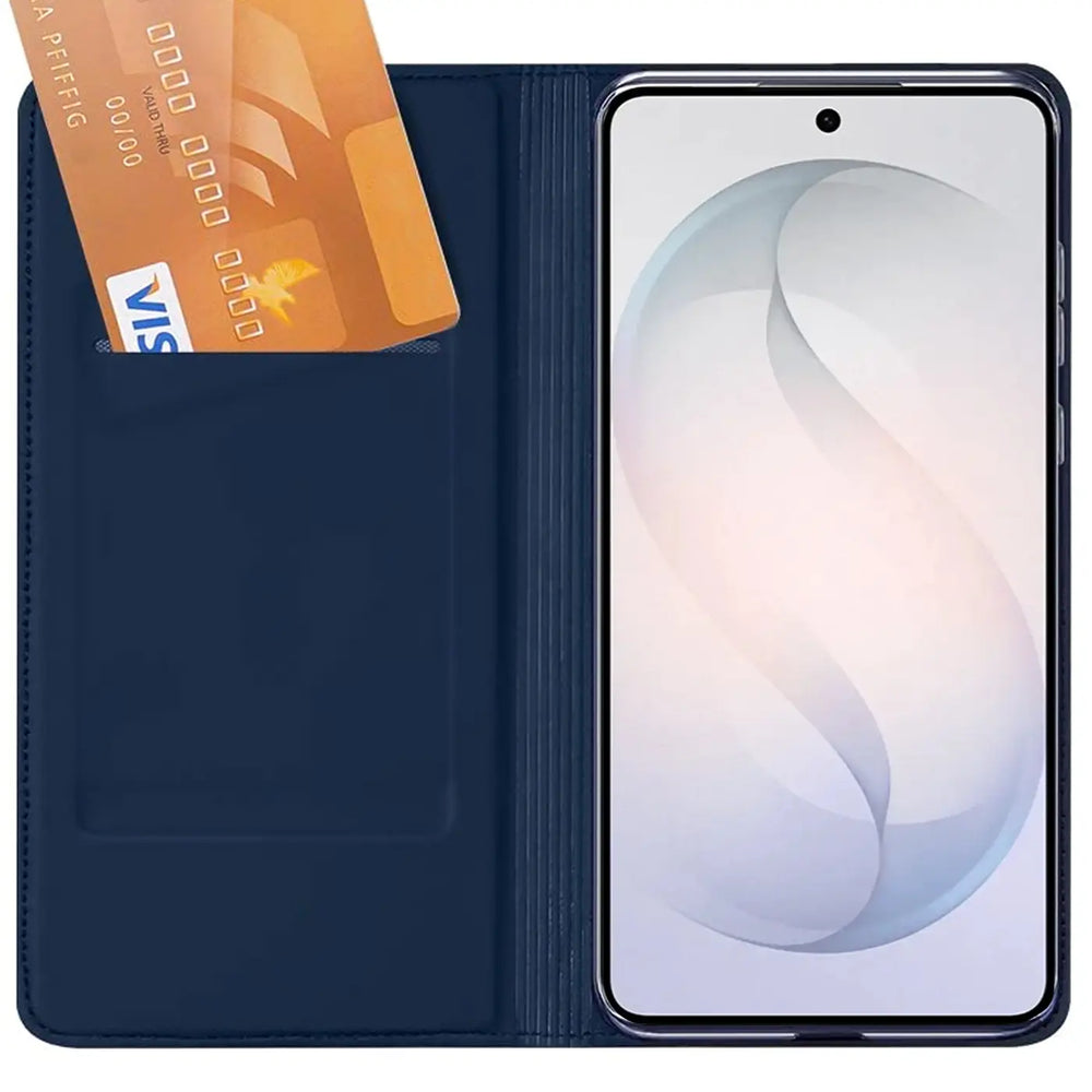 Dunkelblaue Leder-Flip-Hülle mit Kartenfach, zeigt Samsung S26, von vorne, offen