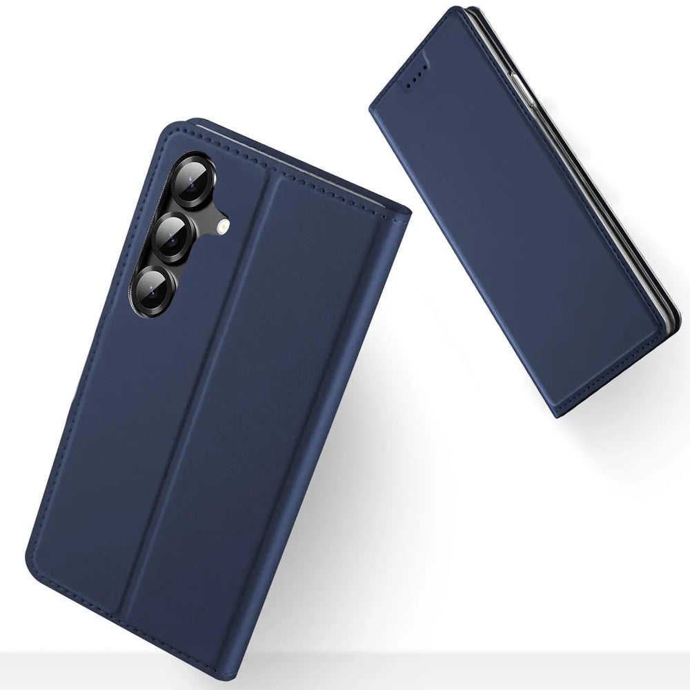 Dunkelblaue Klapphülle aus Leder für Samsung Galaxy S26 Plus, von vorne und oben gezeigt.