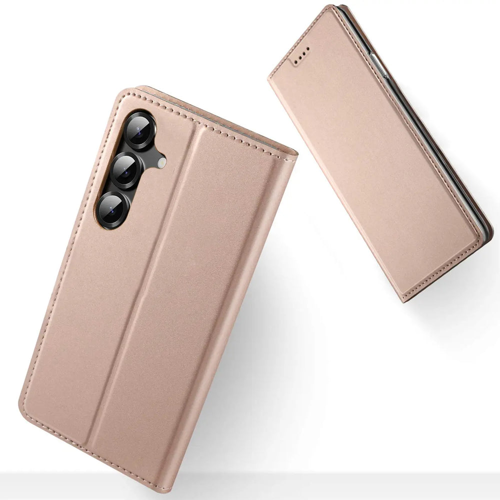 Rosafarbene Klapphülle aus Kunstleder für Samsung Galaxy S26, von vorne/oben gesehen.