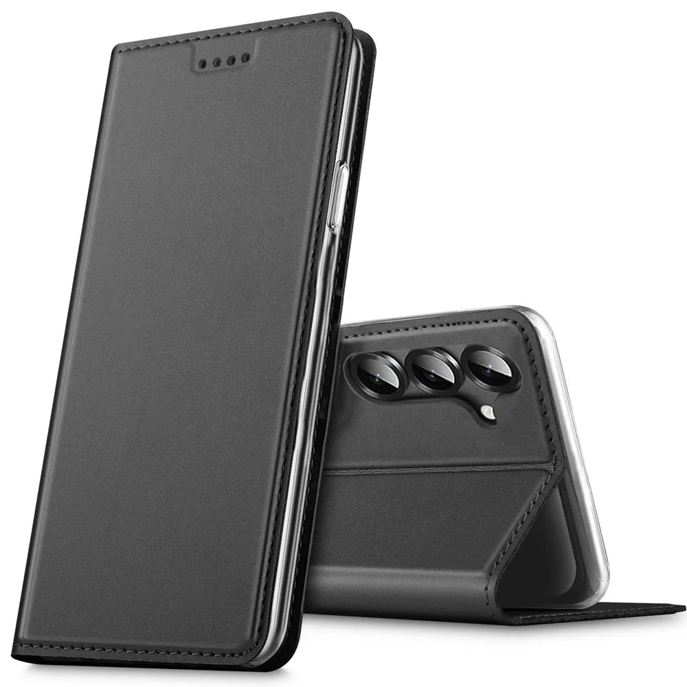Schwarze Klapphülle aus Lederimitat für Samsung Galaxy S26, von vorne und von hinten gezeigt.