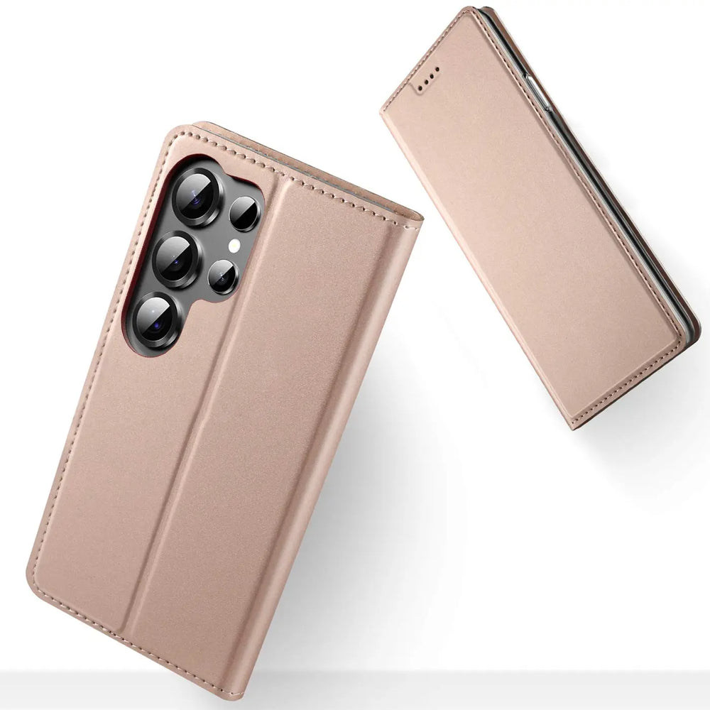 Roségoldene Klapphülle aus Kunstleder für Samsung S26 Ultra, von vorne/oben