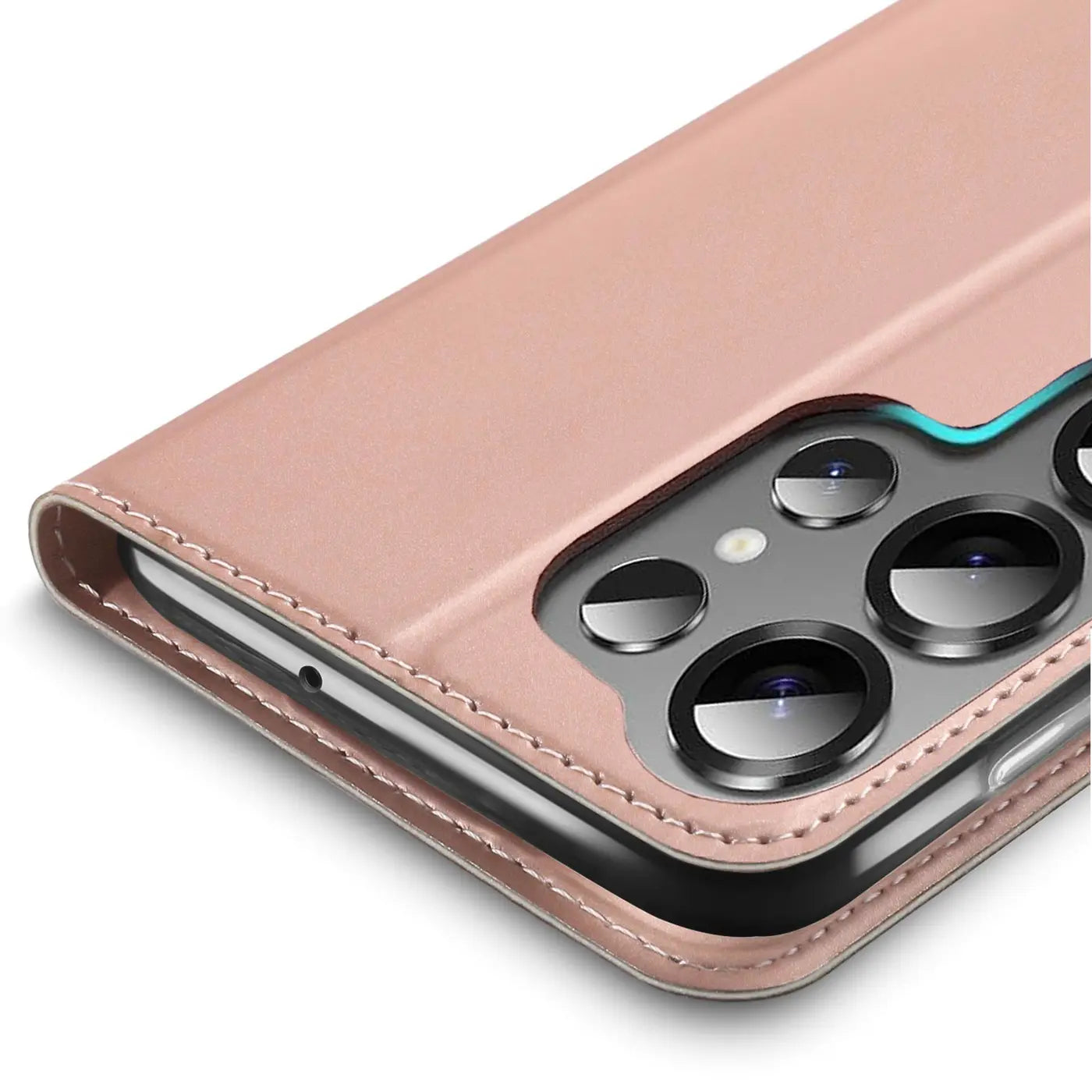 Metallic rosegoldene Klapphülle aus Leder für Samsung S26 Ultra, Nahaufnahme der Kamera.