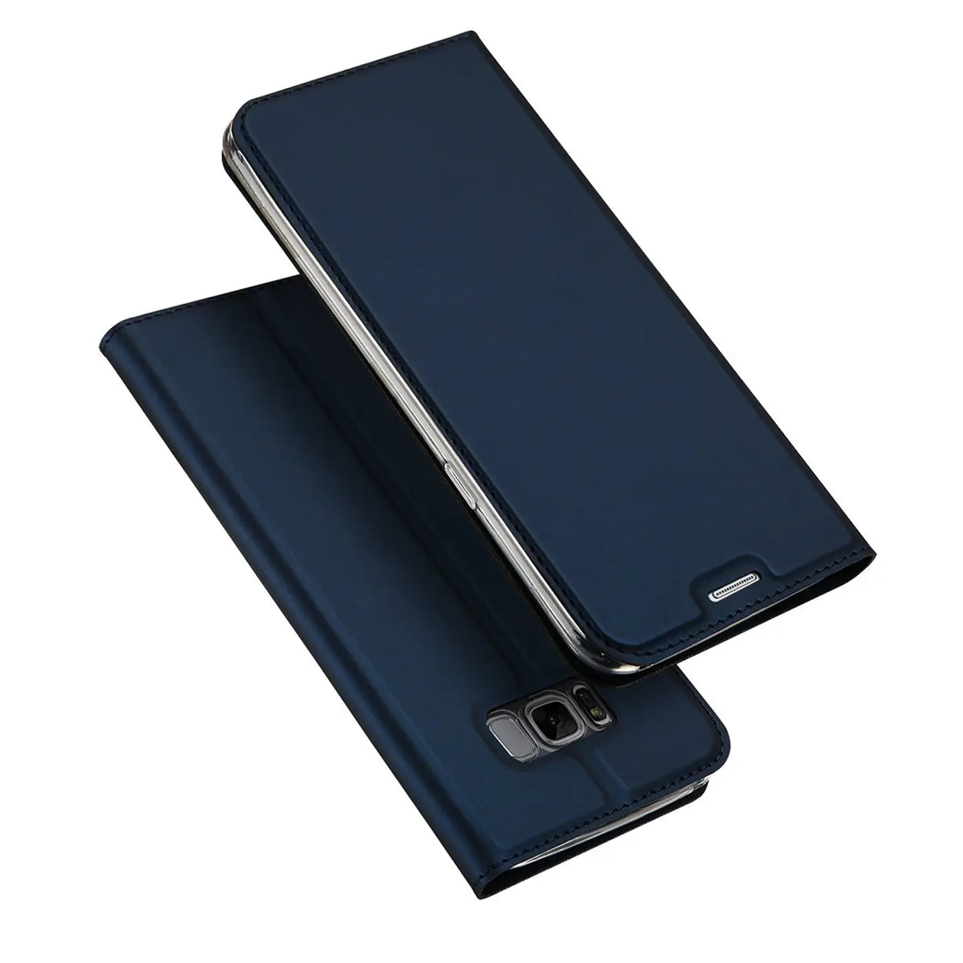 Zwei dunkelblaue, metallic-glänzende Flip-Hüllen für das Samsung Galaxy S7, eine offen, eine geschlossen, schräg von oben.