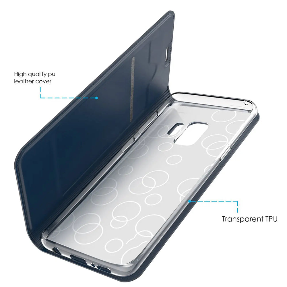 Dunkelblaue PU-Leder Flip Hülle mit transparentem TPU-Inlay für Samsung Galaxy S7 Edge, schräg von oben.