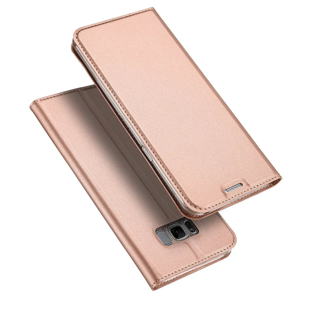 Roségoldene, metallische Flip-Hülle für Samsung Galaxy S7 Edge, leicht geöffnet, von oben rechts betrachtet.