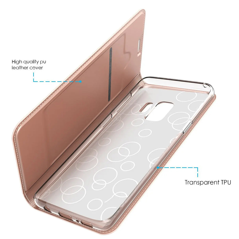 Roségoldene Metallic Flip Hülle für Samsung Galaxy S7 Edge, offen, mit transparentem TPU-Inlay, schräg von oben.