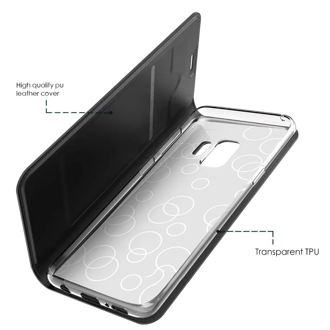 Schwarze, aufklappbare Samsung Galaxy S7 Hülle aus PU-Leder und transparentem TPU, schräg von oben.