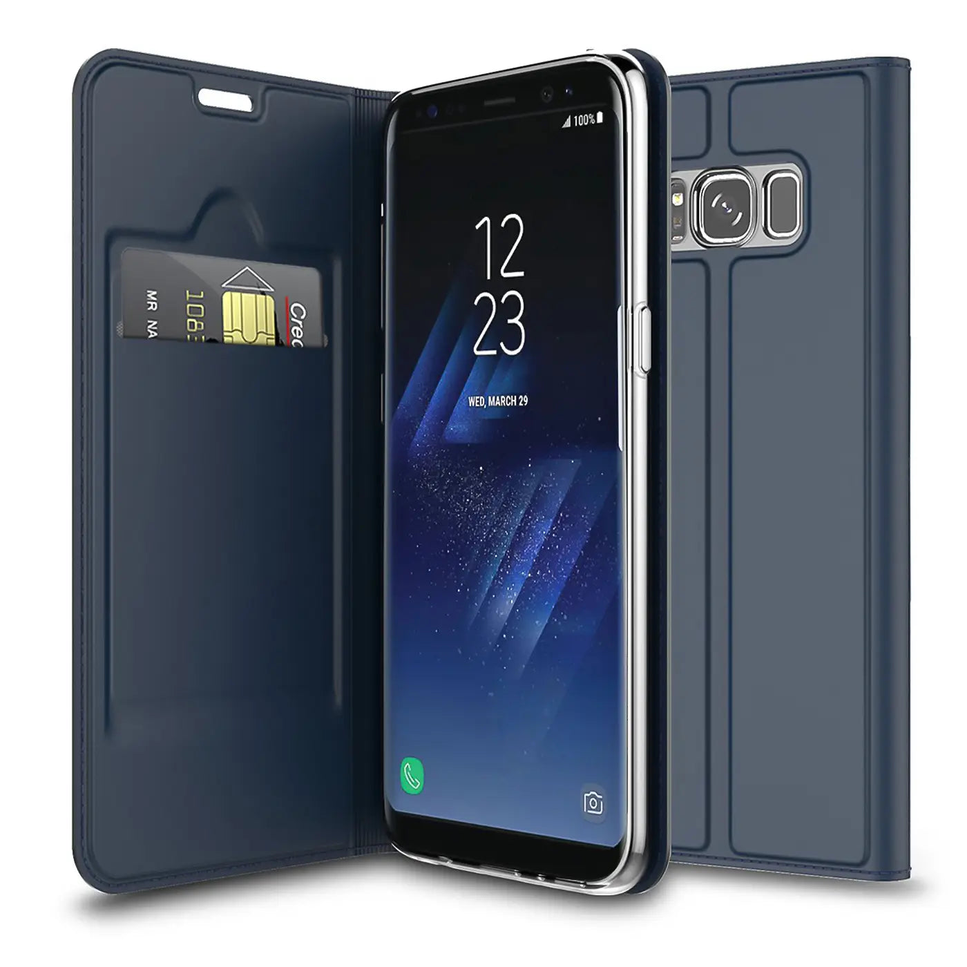 Dunkelblaue Metallic Flip Hülle aus Kunstleder für Samsung Galaxy S8 Plus, offen mit Kreditkarte, schräg von vorne.