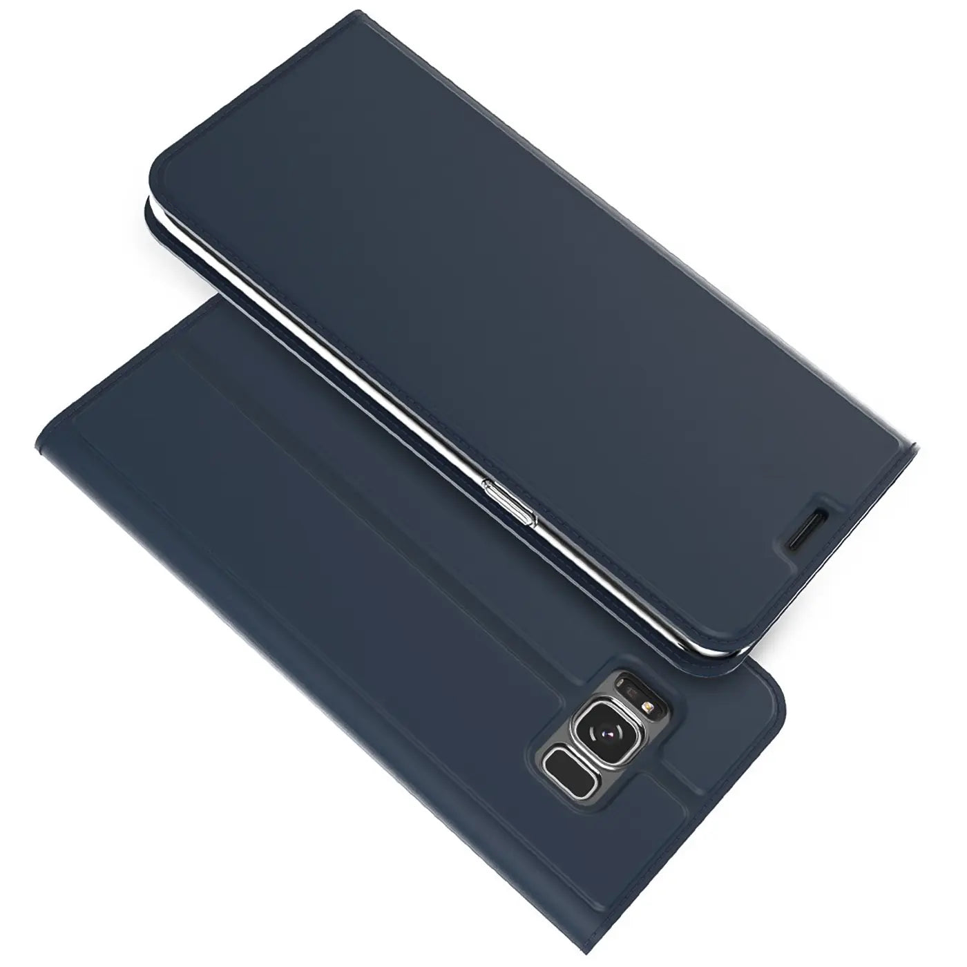 Dunkelblaue, metallische Flip-Hülle für Samsung Galaxy S8 Plus, leicht geöffnet, schräg von oben auf weißem Grund.