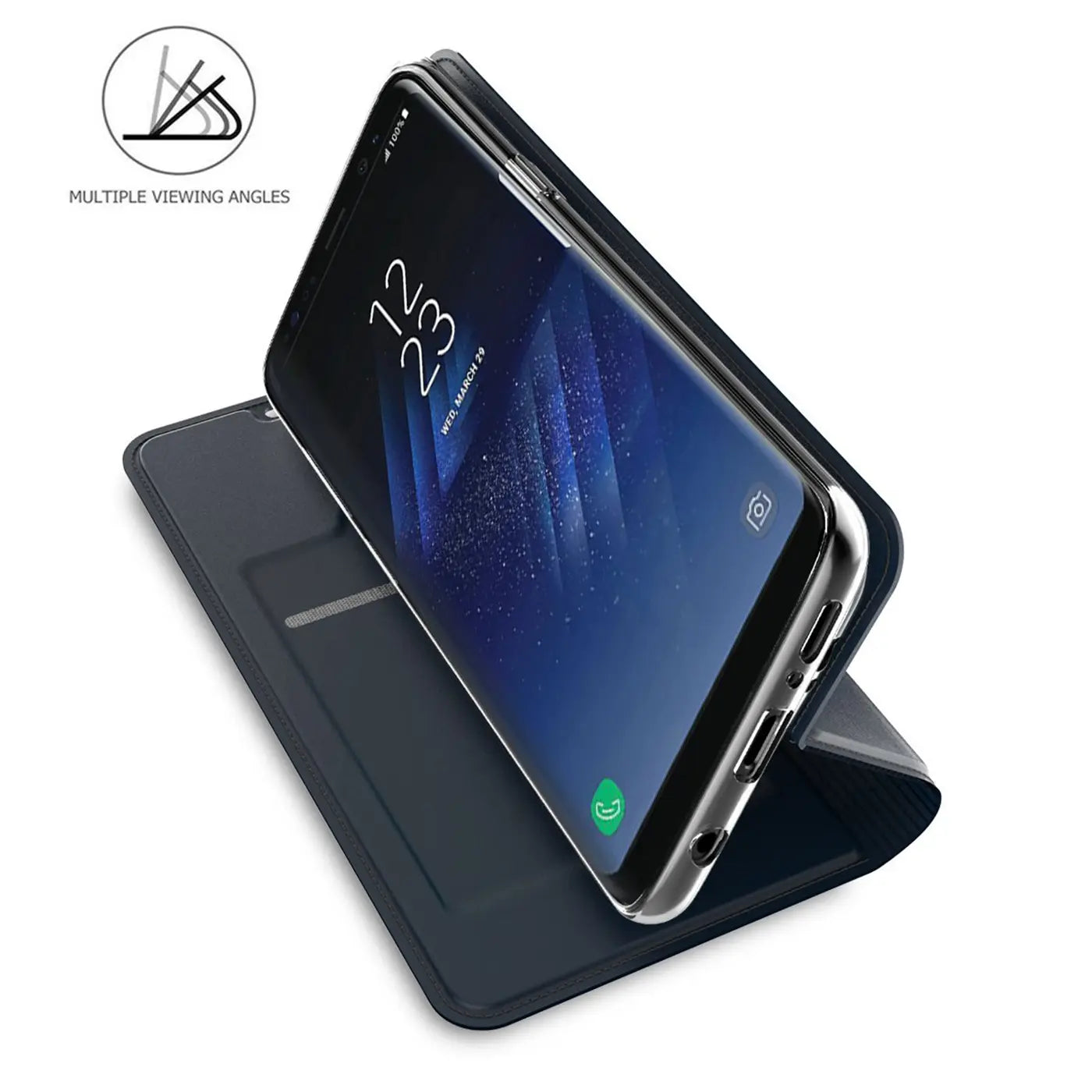 Dunkelblaue Metallic Flip Hülle aus Kunstleder für Samsung Galaxy S8 Plus, schräg von oben, als Ständer genutzt.