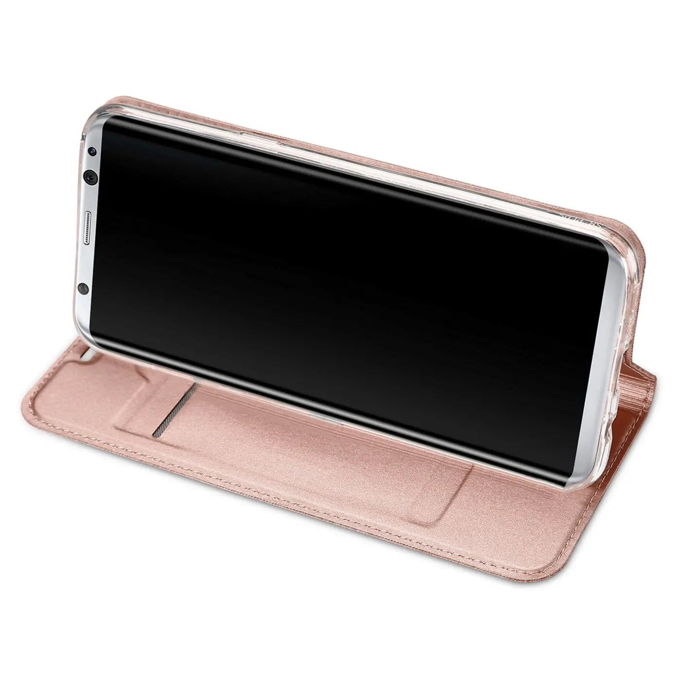 Samsung Galaxy S8 Plus in roségoldener Metallic Flip Hülle, als Ständer aufgestellt, schräg von oben.