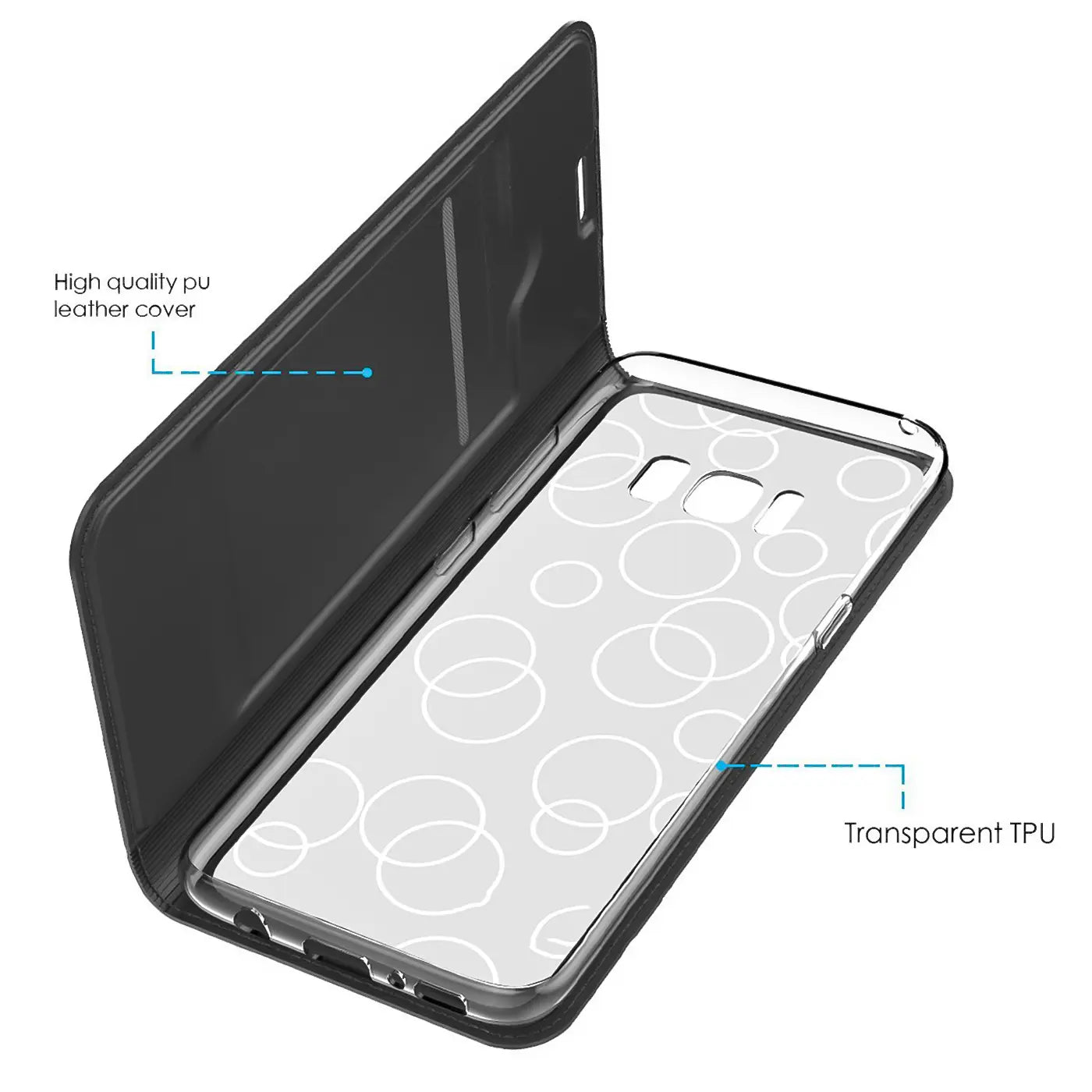 Schwarze PU-Leder Flip Hülle für Samsung Galaxy S8 Plus, offen mit transparenter TPU-Innenschale. Schräg von oben.