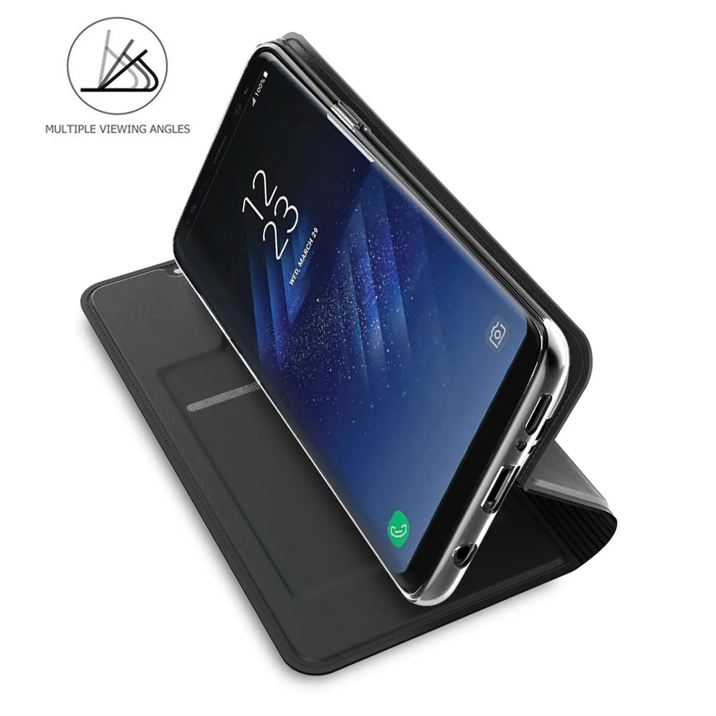 Schwarze Metallic Flip Hülle mit Samsung Galaxy S8 Plus, schräg von oben, als Ständer aufgestellt.