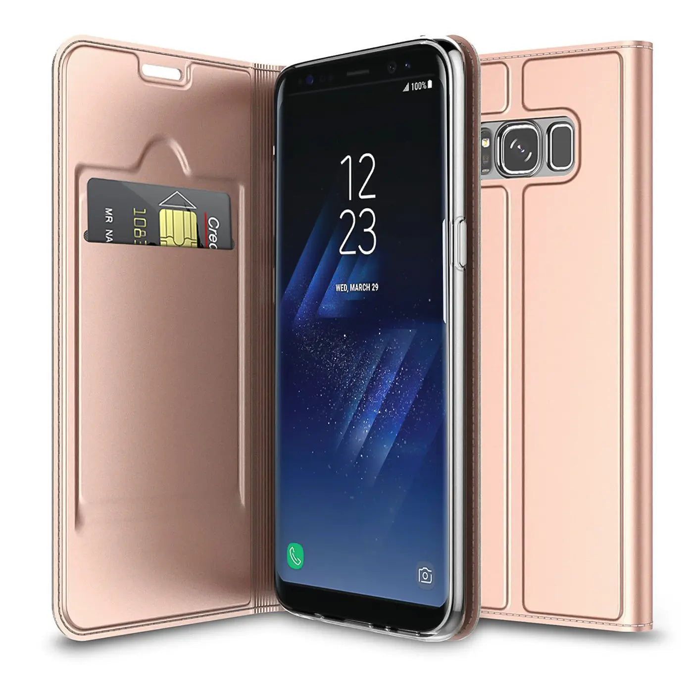 Roségoldene, metallische Flip-Hülle für Samsung Galaxy S8, offen mit Kreditkarte im Fach, leicht schräg von vorne.