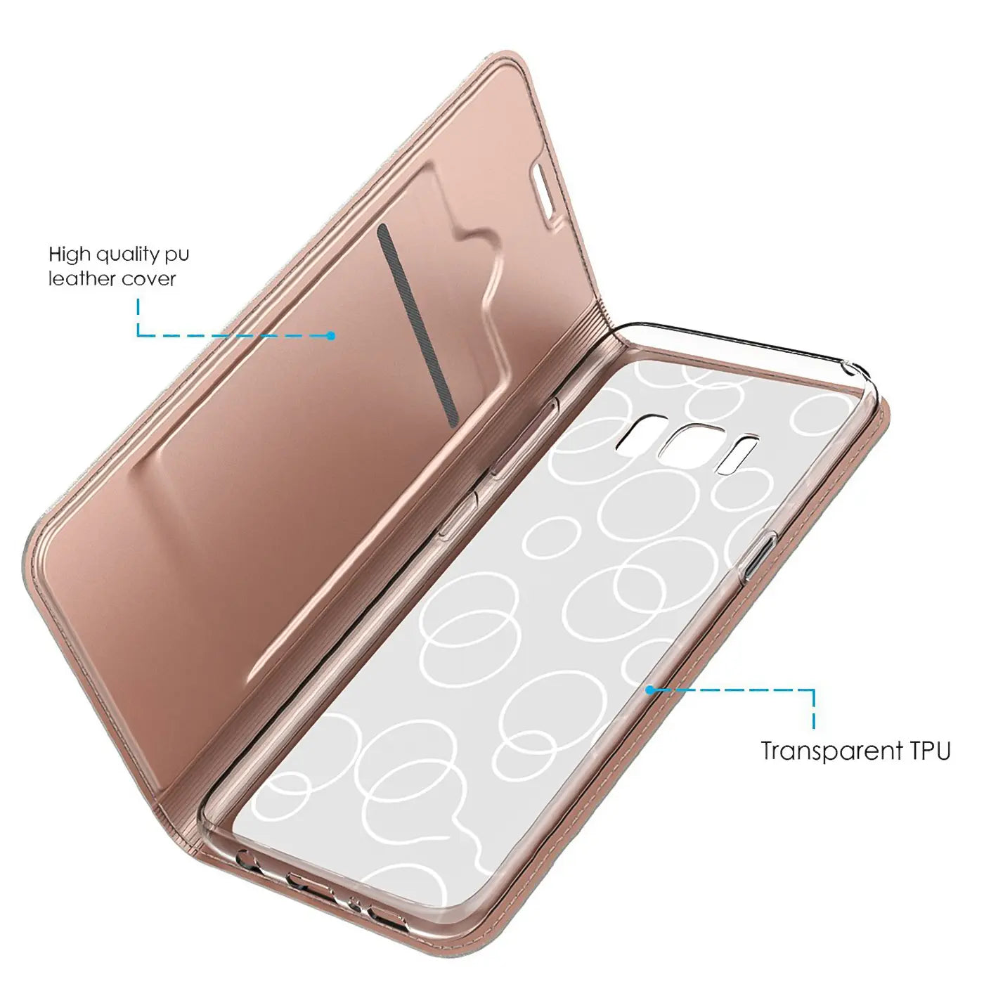 Roségoldene Metallic Flip Hülle aus PU-Leder und transparentem TPU für Samsung Galaxy S8, schräg geöffnet.