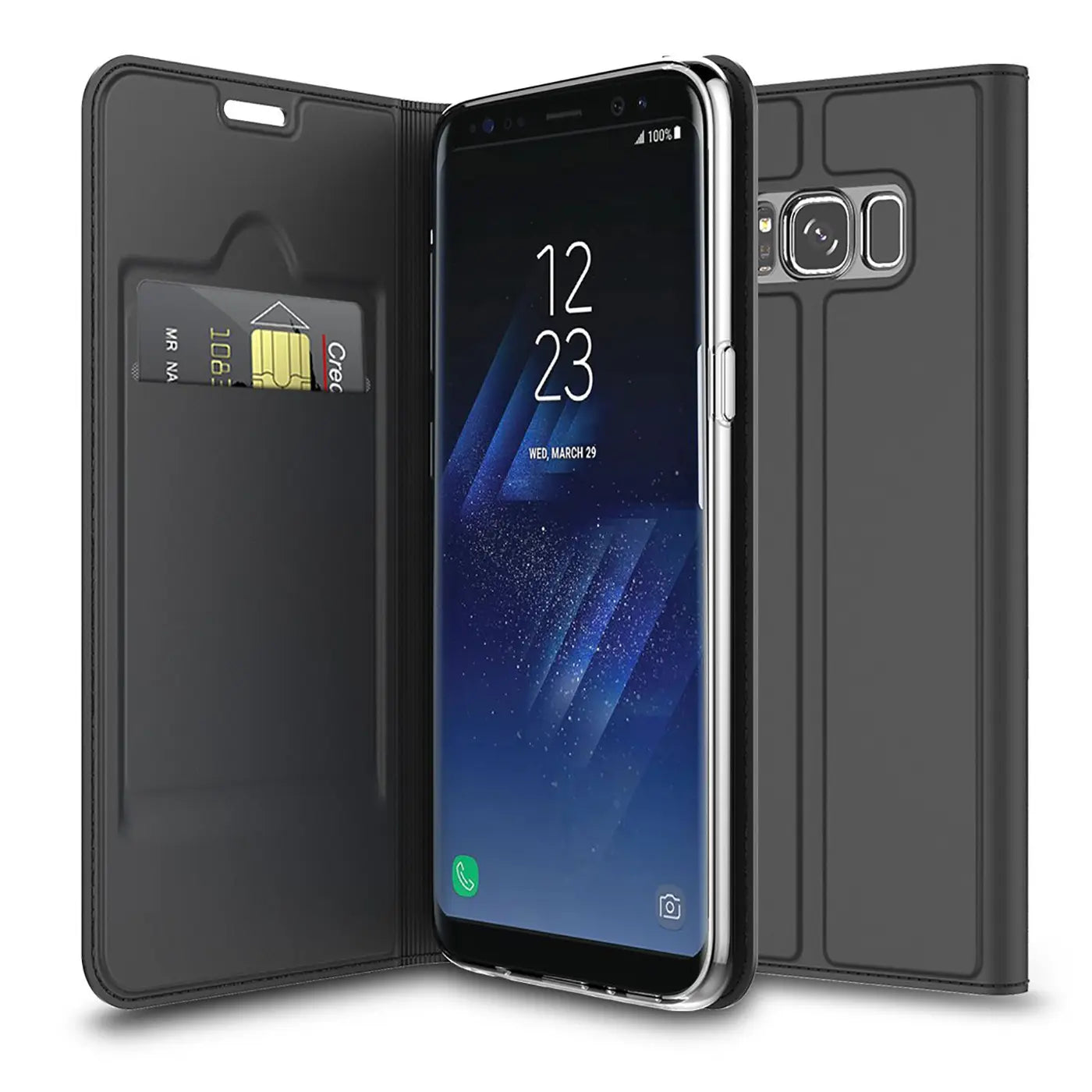 Schwarze, klappbare Metallic Flip Hülle für Samsung Galaxy S8, leicht geöffnet, mit Kreditkarte im Innenfach.