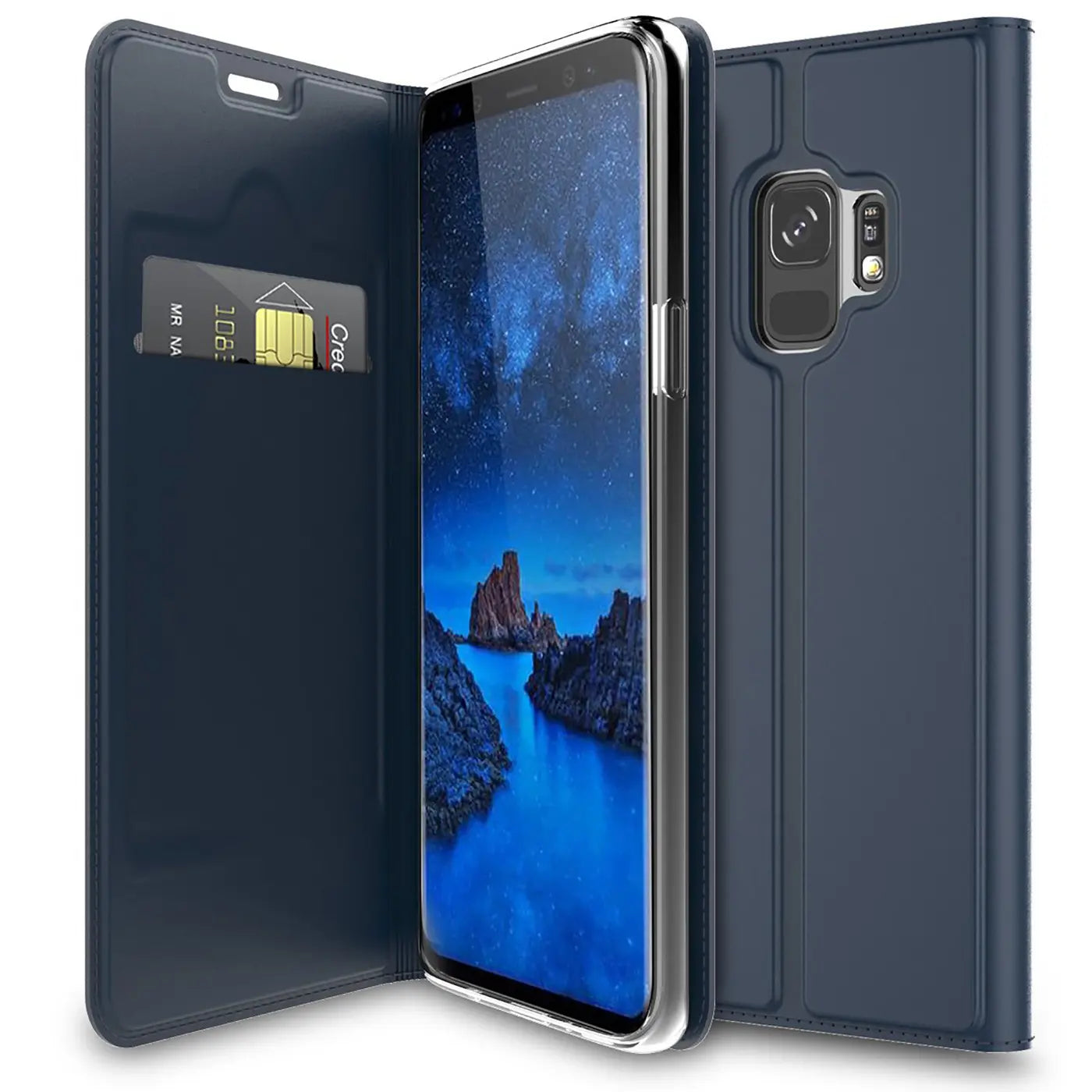 Dunkelblaue, klappbare Metallic-Hülle für Samsung Galaxy S9, schräg von vorne geöffnet, mit Kreditkarte im Fach.