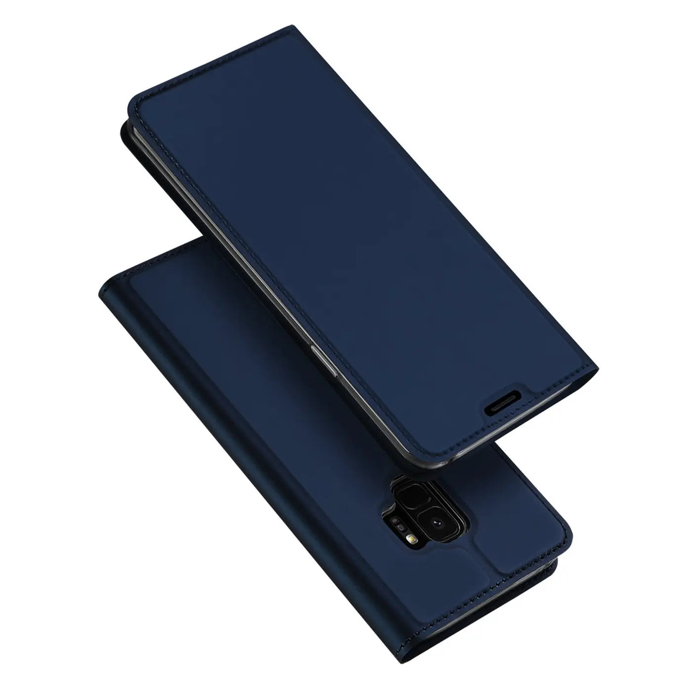 Zwei dunkelblaue, metallic-glänzende Flip-Hüllen aus Kunstleder für das Samsung Galaxy S9, schräg von oben.