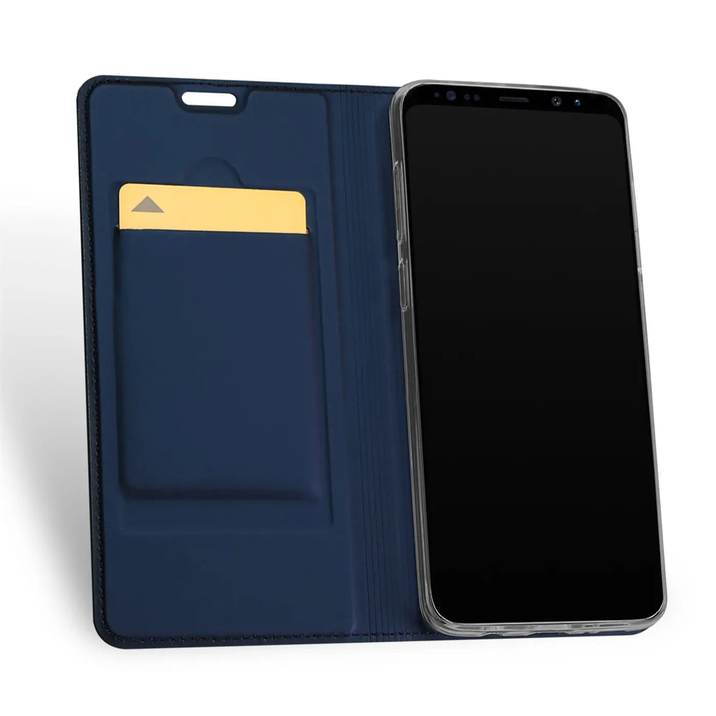 Offene, dunkelblaue Kunstleder Flip Hülle für Samsung Galaxy S9, mit goldener Karte im Innenfach, schräg von oben.