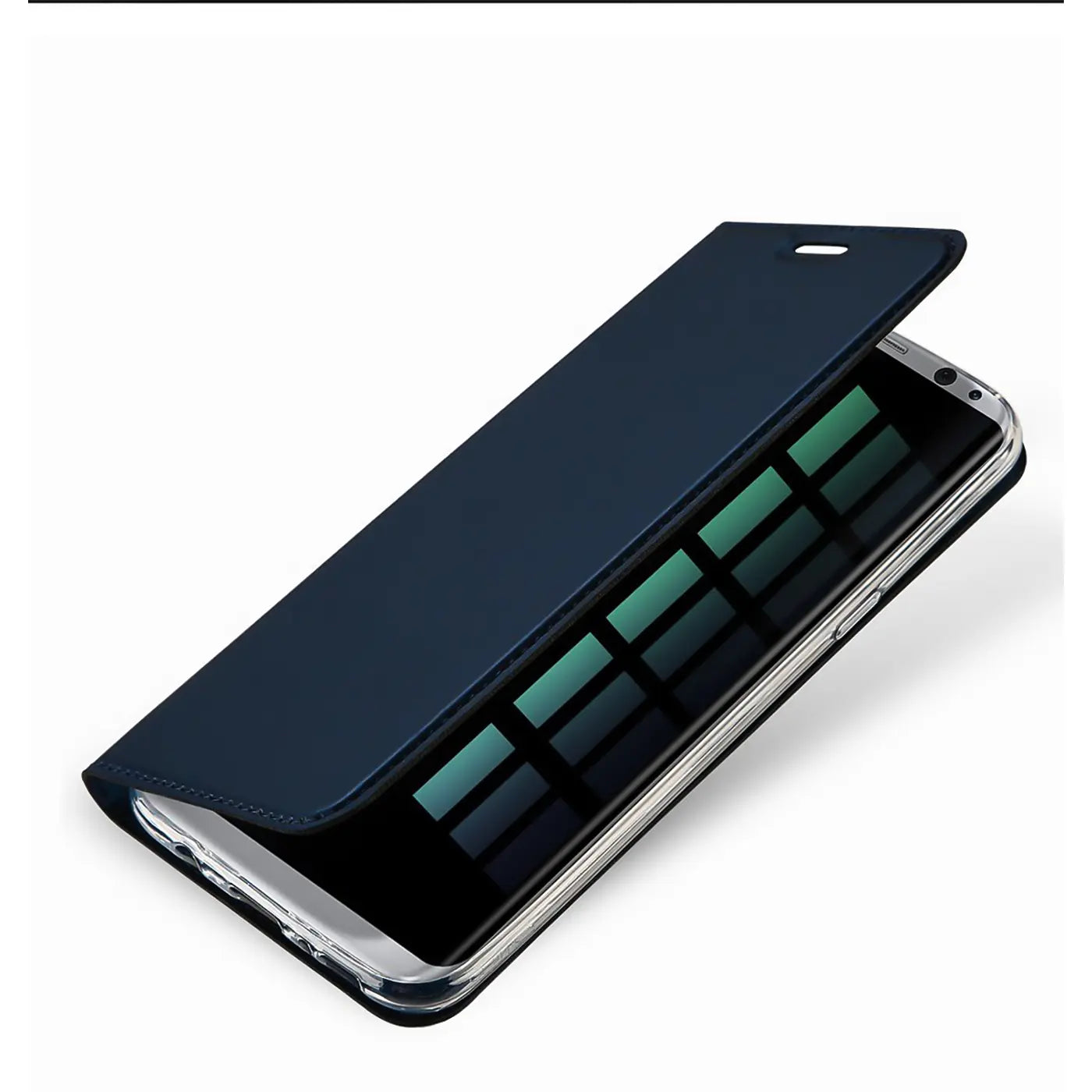 Dunkelblaue, metallische Flip-Hülle für Samsung Galaxy S9, schräg von oben, leicht geöffnet auf weißem Hintergrund.