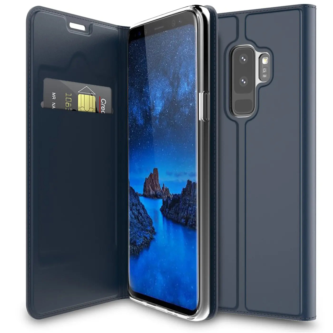 Dunkelblaue, klappbare Metallic-Hülle für Samsung Galaxy S9 Plus, leicht geöffnet, mit Kreditkarte im Inneren.