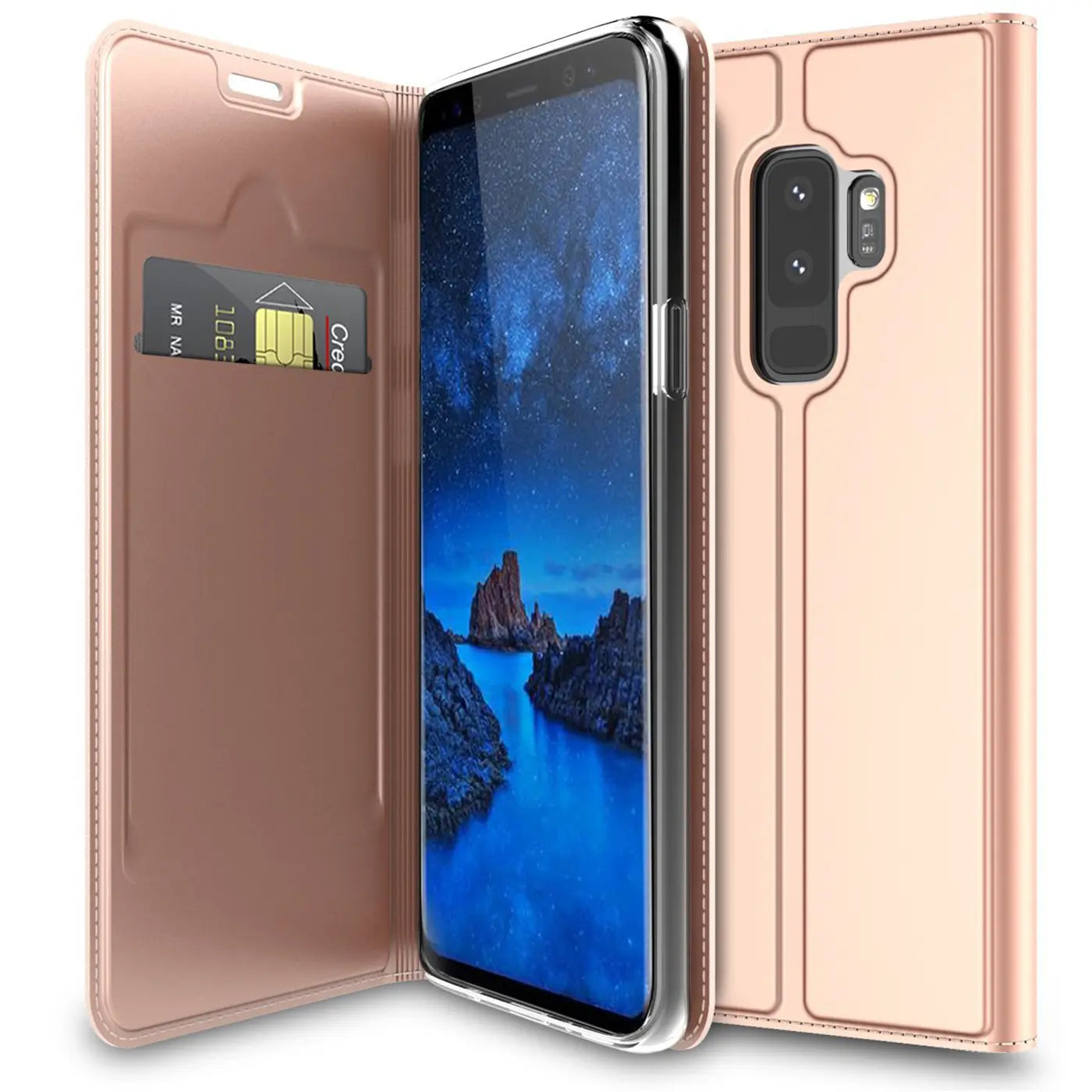 Roségoldene Metallic Flip Hülle für Samsung Galaxy S9 Plus, offen mit Kreditkarte, leicht schräg von vorne.