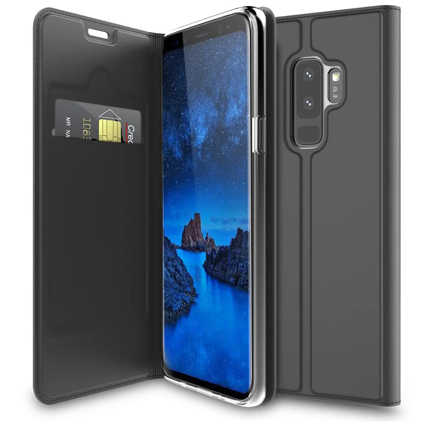 Schwarze, klappbare Metallic-Flip-Hülle aus Kunstleder für Samsung Galaxy S9 Plus, offen mit Kreditkarte, schräg von vorne.