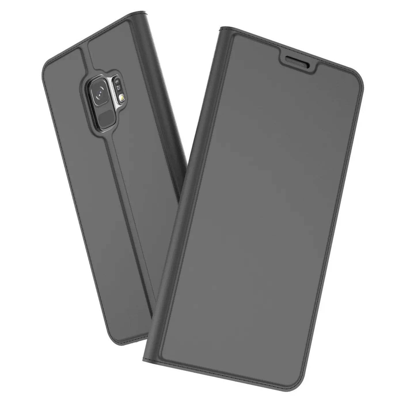 Zwei schwarze, metallische Flip-Hüllen für Samsung Galaxy S9 Plus, eine offen, eine geschlossen, von oben links gesehen.