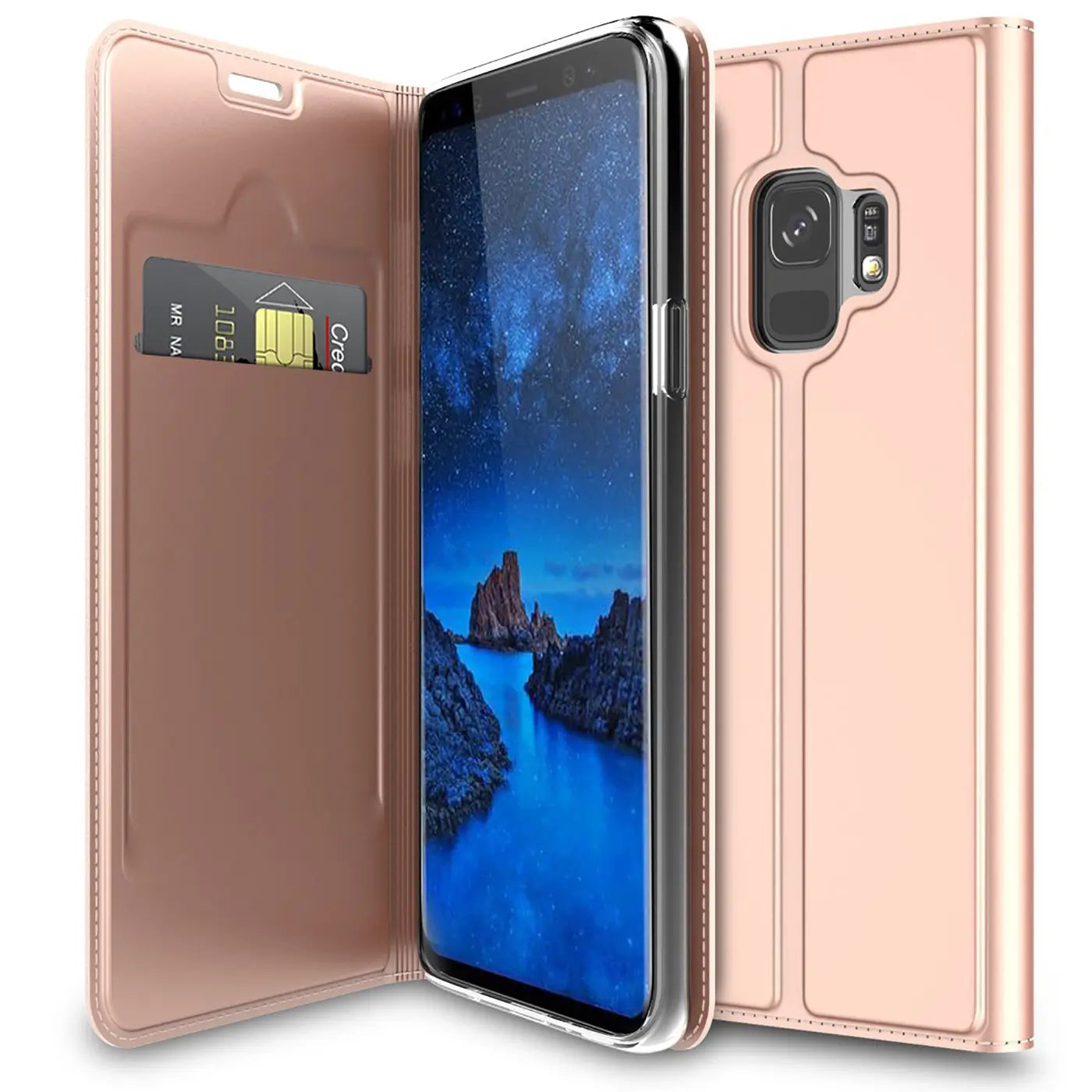 Roségoldene, klappbare Kunstlederhülle für Samsung Galaxy S9, offen mit Kreditkarte im Innenfach, leicht schräg von vorne.