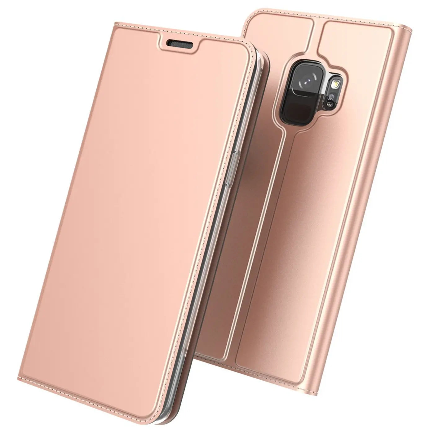 Zwei roségoldene Metallic Flip Hüllen für Samsung Galaxy S9, eine geschlossen von vorne, die andere offen von hinten.