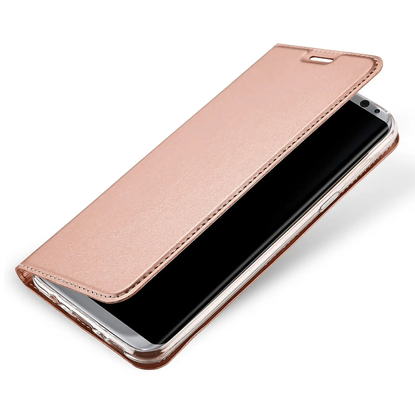 Roségoldene, metallische Kunstleder Flip Hülle für Samsung Galaxy S9, schräg von oben mit leicht geöffnetem Deckel.