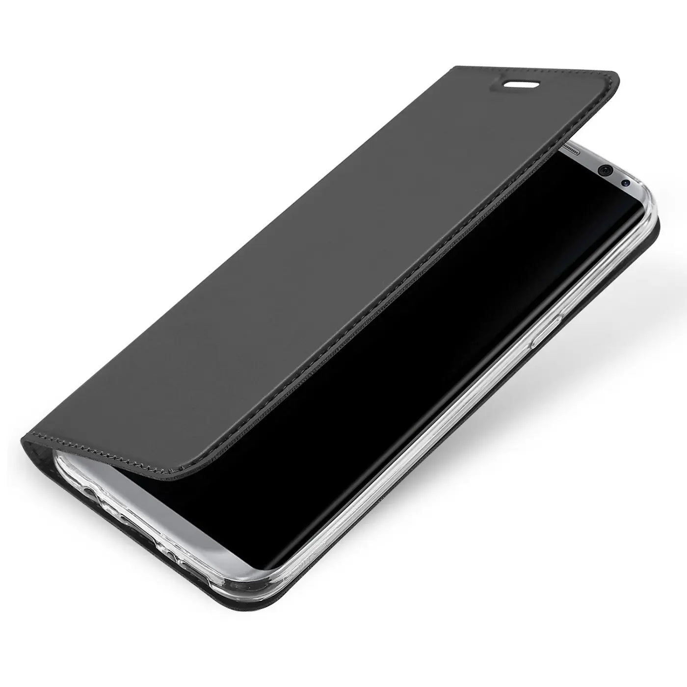 Schwarze Metallic Flip Hülle aus Kunstleder, leicht geöffnet, mit Samsung Galaxy S9 von oben links nach unten rechts.