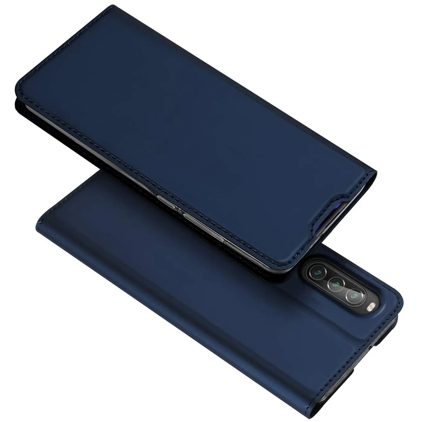 Dunkelblaue, klappbare Metallic Flip Hülle für Sony Xperia 10 II, leicht geöffnet, schräg von oben.