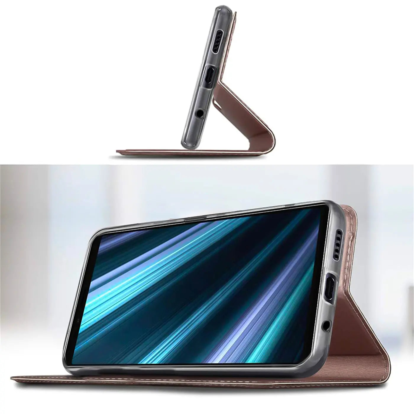 Zwei Ansichten eines Sony Xperia 10 II in einer braunen Metallic Flip Hülle, die als Ständer dient.